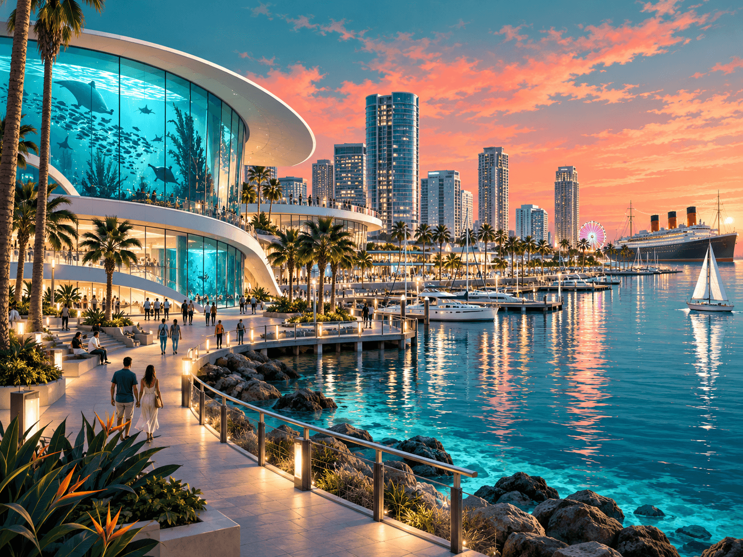 Imagined teal waterfront pavilion, marina, skyline and ocean liner at sunset. Concept collage, not an actual city view.